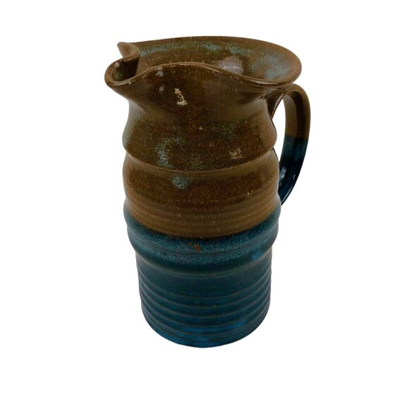 Art Studio Pottery Pitcher Blue Brown Color Block Handle Pour Spout Signed - Picture 3 of 10